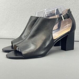 Adrienne Vittadini Black Leather‎ Peep Toe Block Heel Slingback Sandals 8.5M
